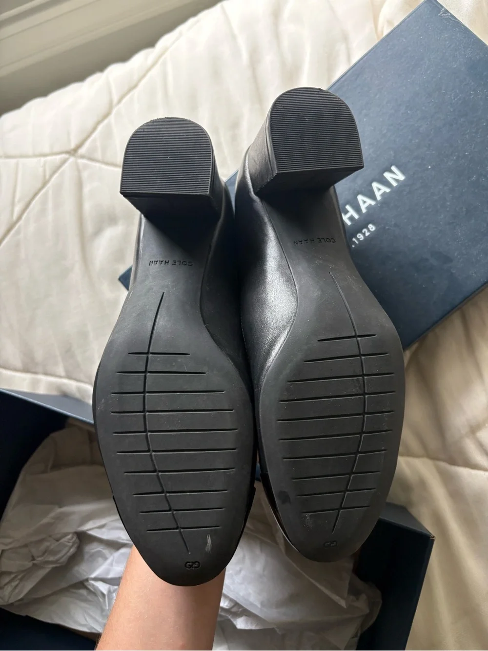 Cole Haan Black Leather Pumps with Patent Black Toe and Block Heel